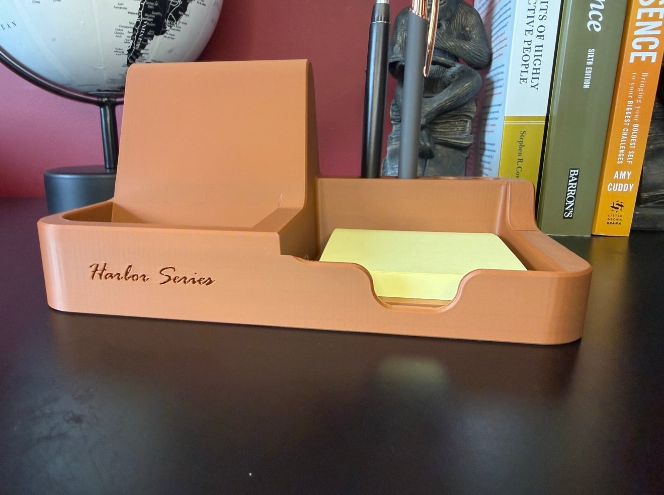 Harbor Dock premium desk organizer front view showing integrated phone stand
