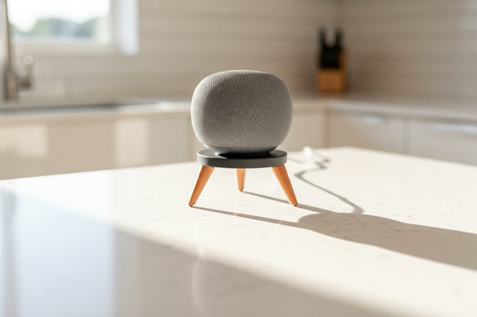 Minimalist Google Home Speaker Stand in Black Matte and Teak Wood PLA on a kitchen counter